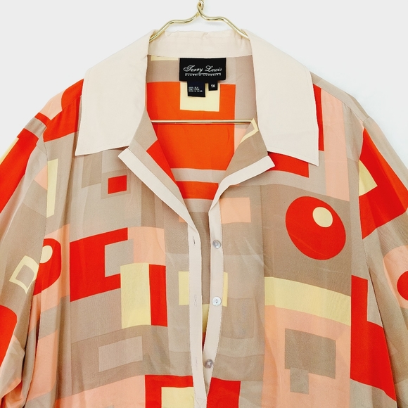 Jerry Lewis Silk Geometric Buttons Long Sleeve Collared Blouse P3510 - Picture 2 of 6